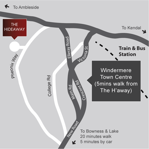 Map showing location of The Hideaway at Windermere hotel from Windermere town centre